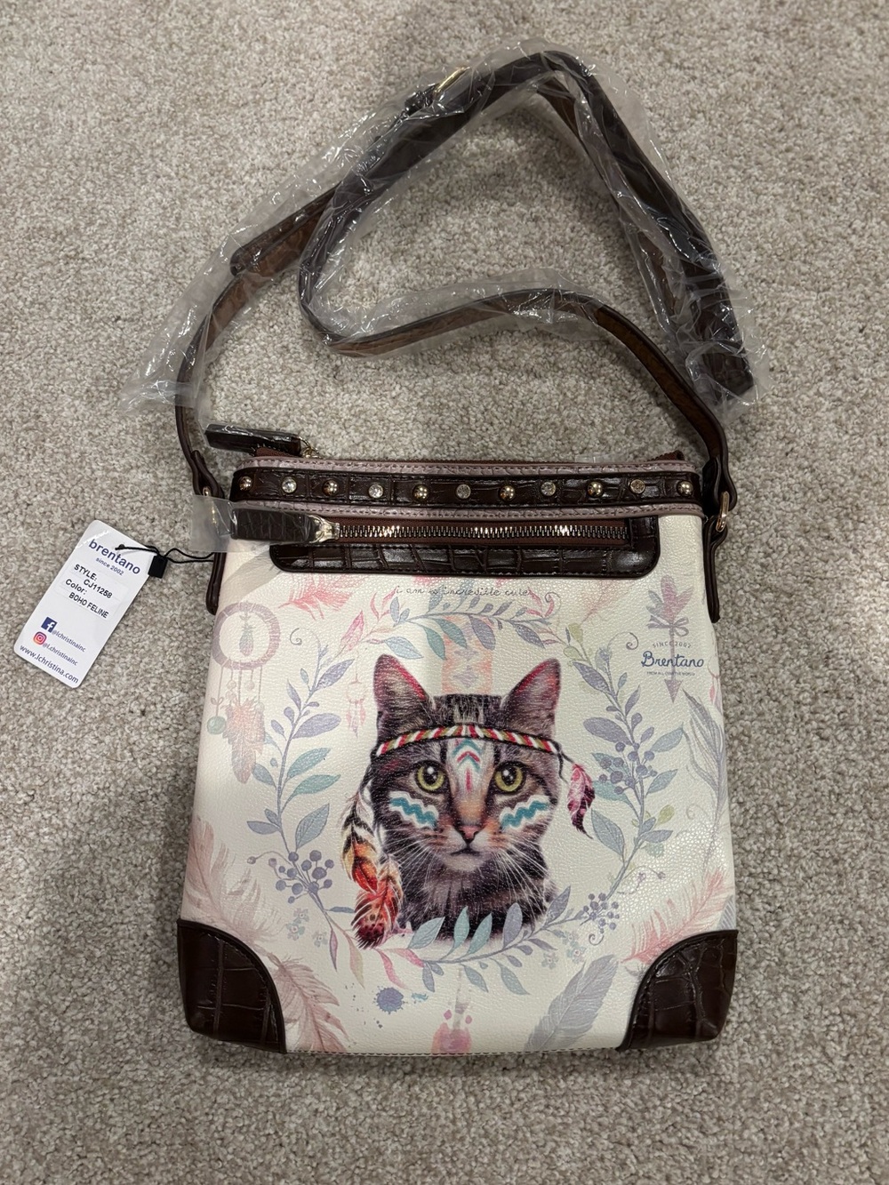 NWT Boho Cat Print Crossbody Bag in White and Brown